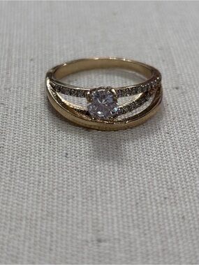 Gold-Tone Women's Ring with Clear Round Center Stone